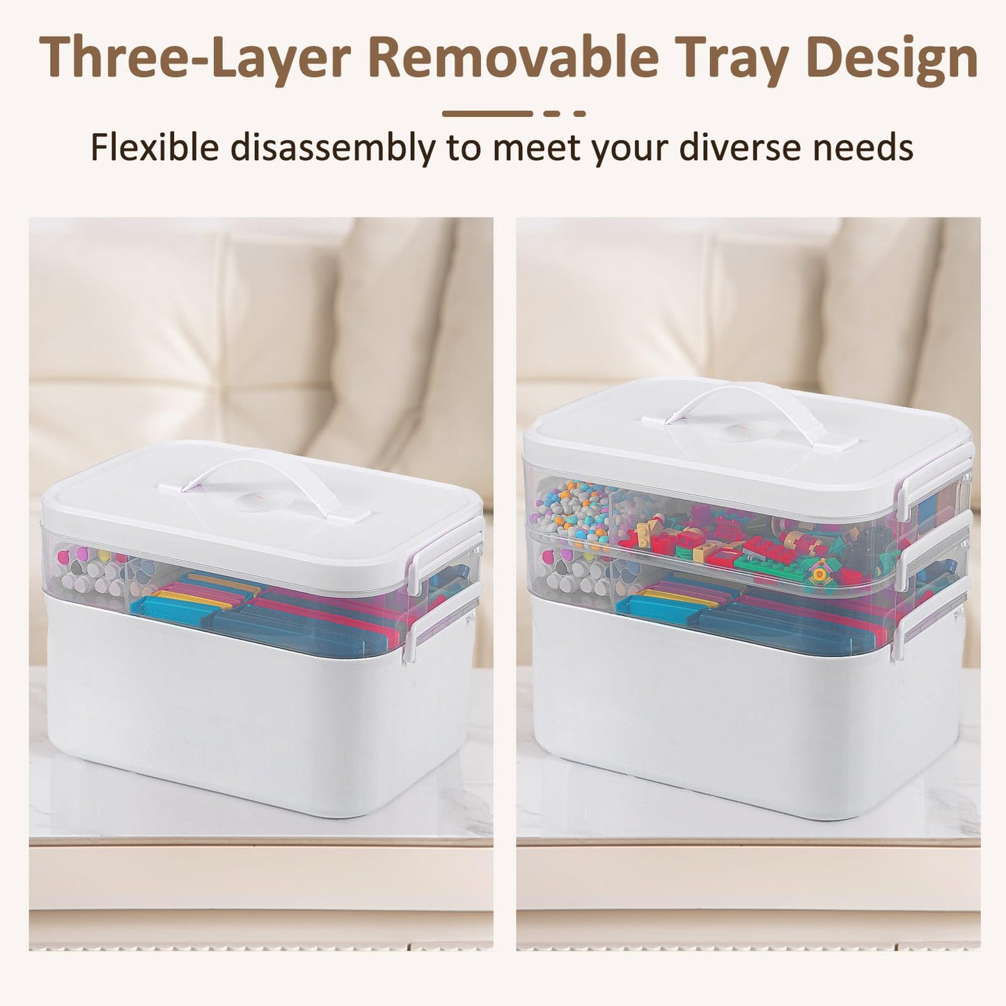 3-Layer Plastic Craft Organizers and Storage Box with Removable Trays, Storage Containers with lids and Handle, Art Supply Storage Organizer for Bead, Ornament, Nail Polish, Tape（10.62" x9"x7.67"）