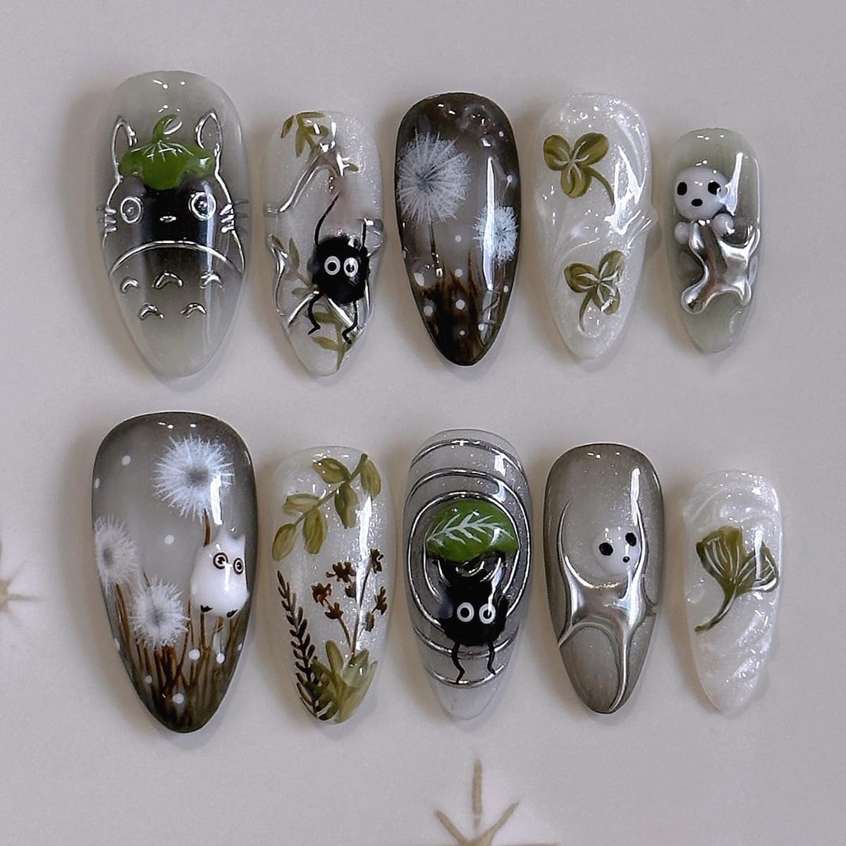 Mkwntg 24Pcs Halloween Press on Nails Medium Fake Nails with 3D Silver Chrome Design Black Cat Dandelion Cute Ghost Acrylic False Nails Ginkgo Leaf Y2K Full Cover Stick on Nails for Manicure DIY