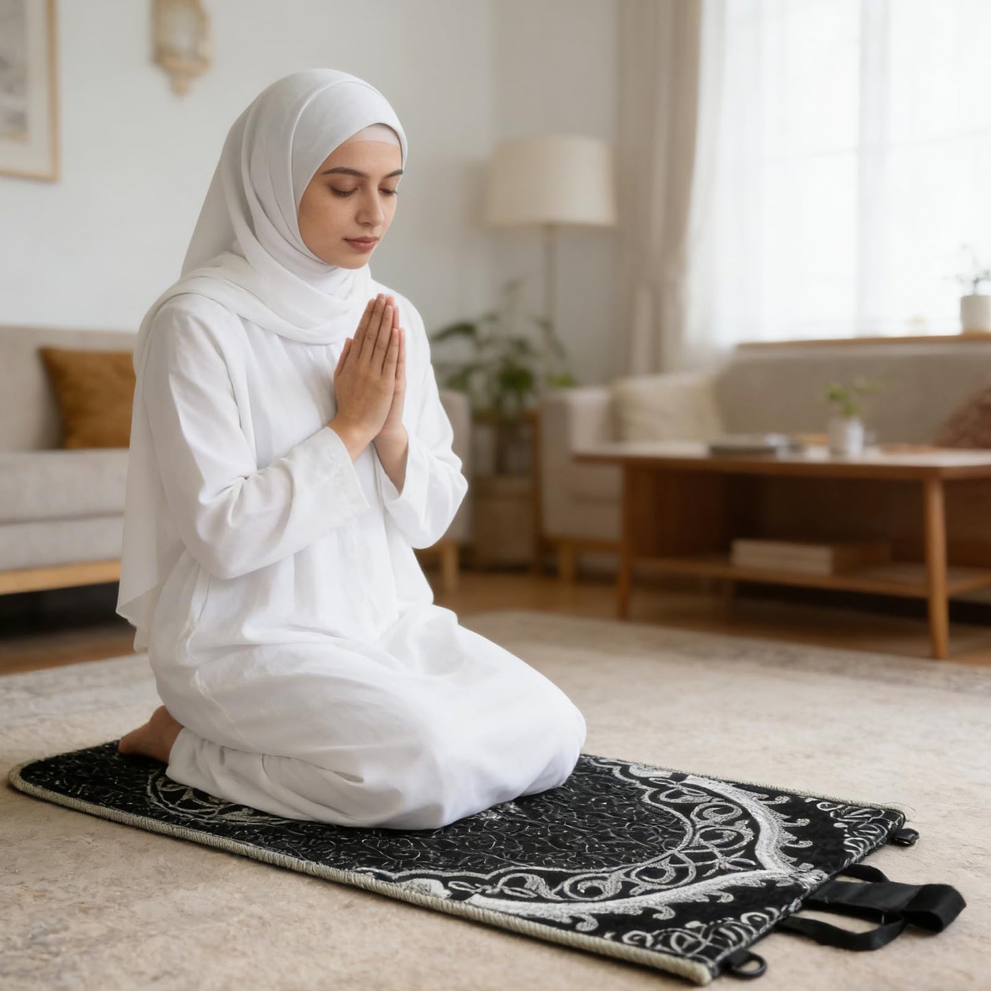 Qianliniuinc Portable Prayer Mat, Foldable Prayer Rug with Backrest, 36x78cm Islamic Prayer Mat, Includes Kufi Hat & 99 Beads Tasbih, Meditation Rug for Muslim, Ramadan Gift Set (Black)