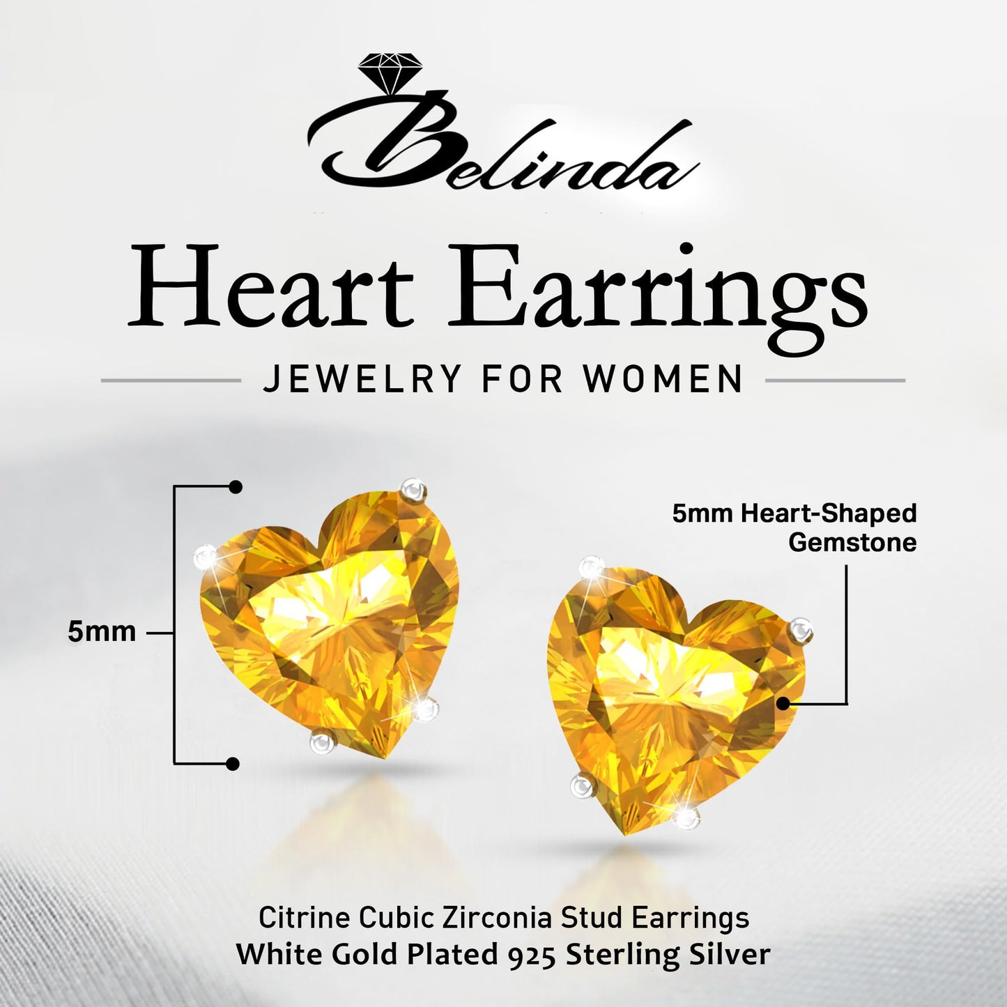 Belinda Jewelz - Heart Stud Earrings, 5mm Cubic Zirconia Heart Earrings with Prong Setting, 925 Sterling Silver Earrings Studs, Yellow Stud Earrings for Women