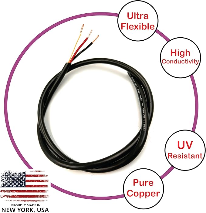 NATIONAL Wire & Cable – 10 AWG 3-Conductor Premium Copper Wire, 100 ft, Stranded | Made in USA, Heavy-Duty Flexible Jacket | Automotive, Solar, Battery, Indoor and Outdoor Use