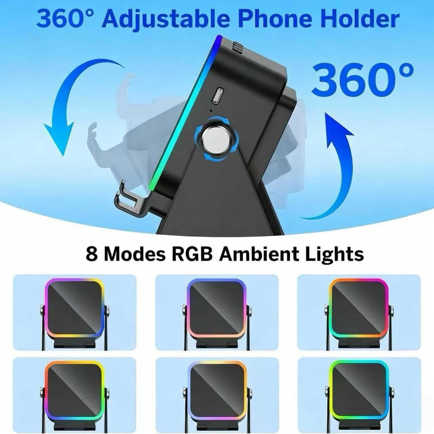 5-in-1 Wireless Induction Speaker,360°Adjustable Phone Stand with Wireless Bluetooth Speaker, Stereo Sound, Multiple RGB Ambient Lights,3500mAh Rechargeable Compatible with iPhone Gifts for Men Women