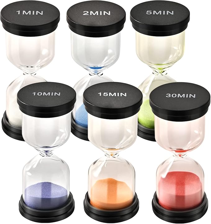 Sand Timer for Kids 6 Pack Colorful Hourglass 1min 2mins 5mins 10mins 15mins 30mins Sand Clock Timer for Classroom, Games and Kids Room