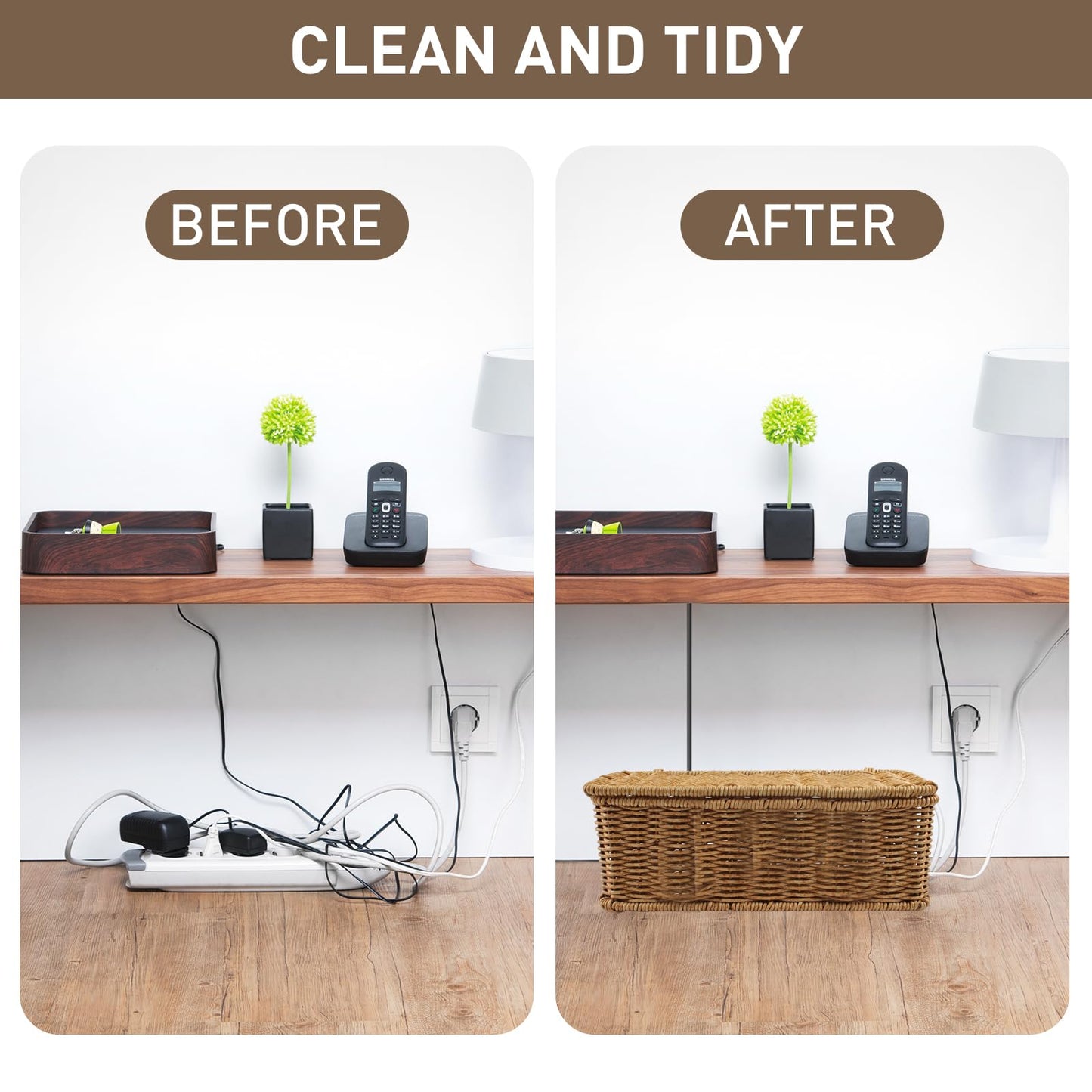 2 Pack Rattan Cable Management Box, Large Cord Organizer Box with Lid Under Desk Router Hider Storage Box with 4 Exits, Wire Box Hider for TV Wires Computer Surge Protector USB Hub Power Strip