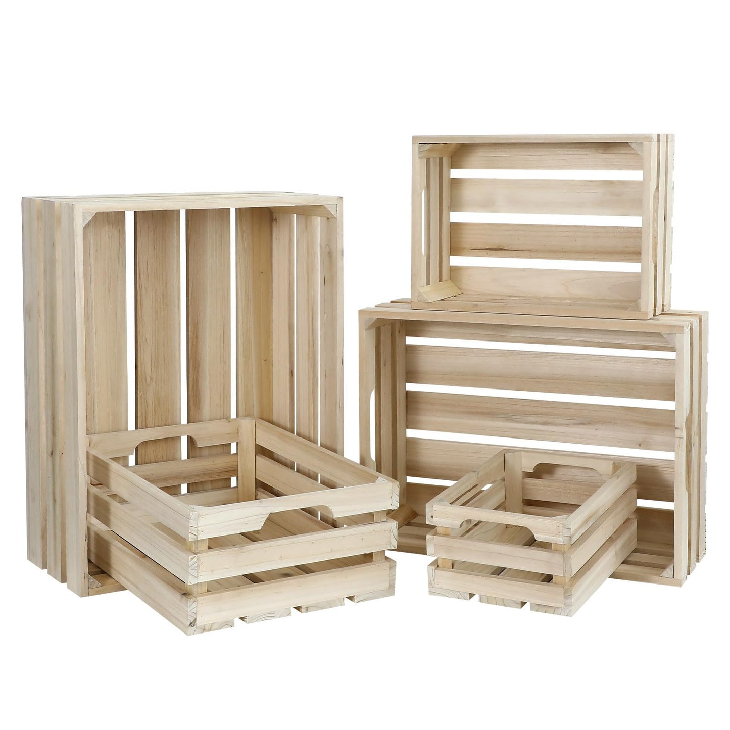 MACVAD 5-Piece Rustic Wooden Crates Unfinished Set, Wall Mountable Slatted Storage Crates with Handles, Farmhouse Wooden Crates for Display & Organizer for Home Decor