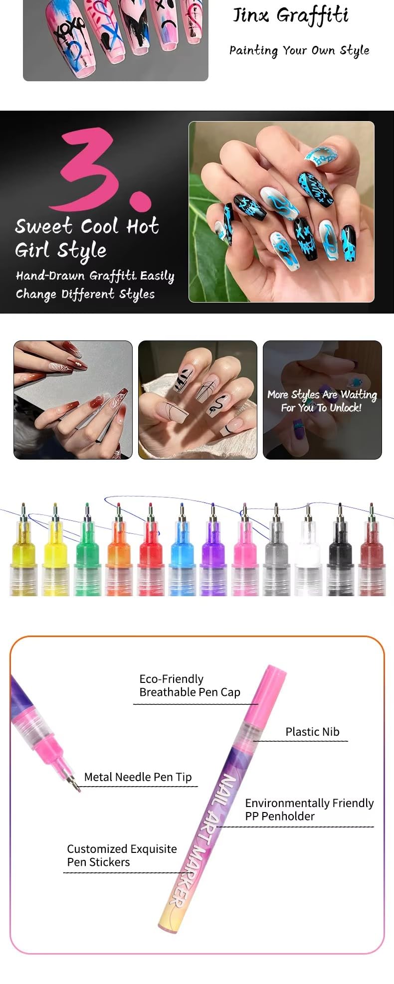 12 Waterproof Nail Art Pen set. Fast-Drying Non-Toxic 0.5mm Needle Tip Nail Polish Pens. Nail Paint Graffiti Dotting Pen for DIY Nail design