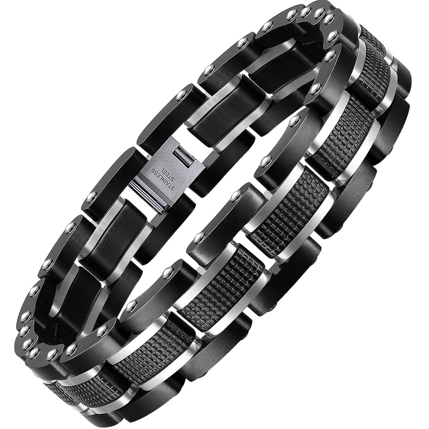 Zillaly Men's Stainless Steel Two-Tone Square Link diamond Bracelet in Black & Blue Ion-Plated Black (Silver)