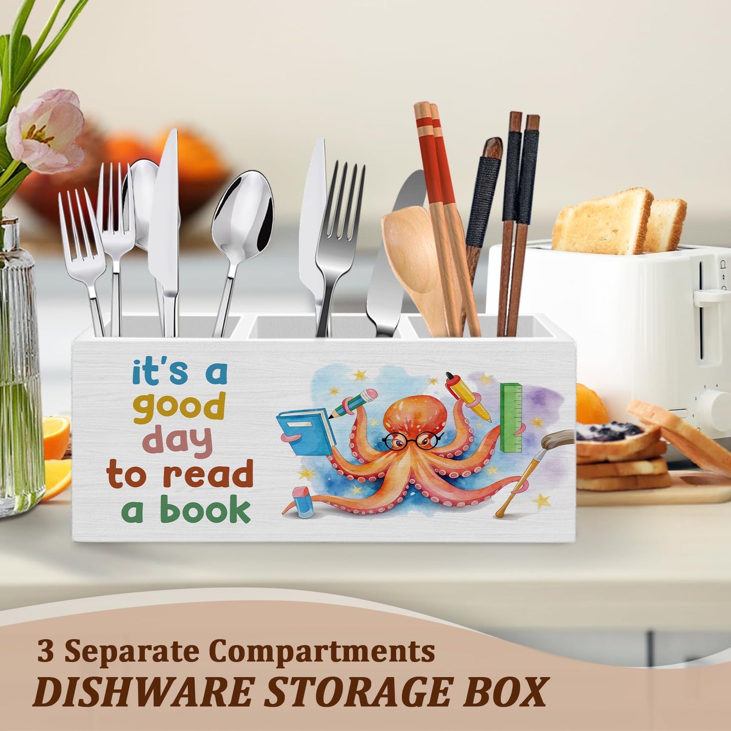 WODMIS Book Lovers Gifts Pen Pencil Holder for Desk, Book Reader Gifts, It's a Good Day to Read a Book Octopus Wooden Box Organizer Decorations for Classroom Reading Room Desk Accessories Tabletop