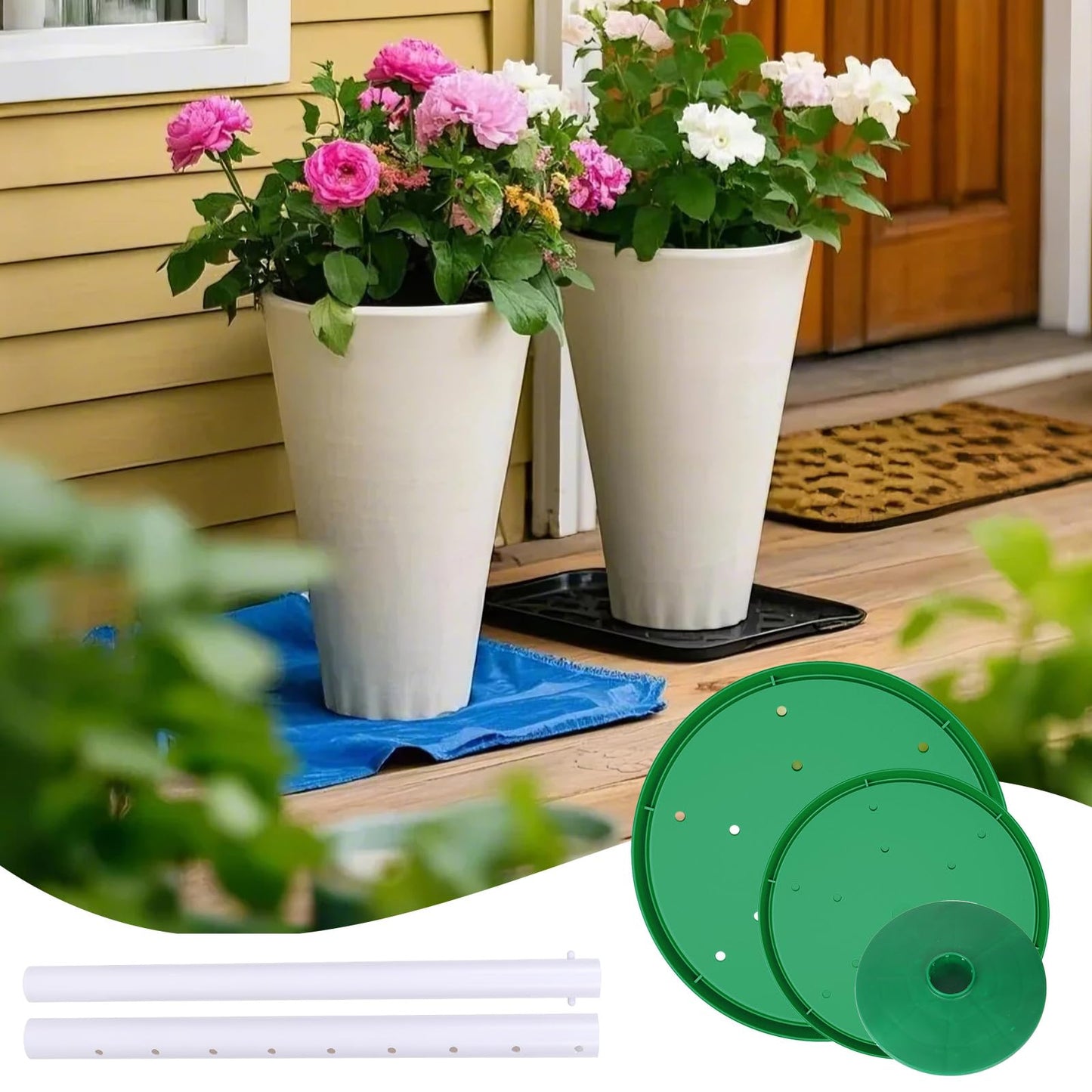 pocezo Adjustable Height Planter Inserts for Large Pots, Portable Planter Filler Plant with 11-17" Rise , 6" Base, 8" or 10" Top (Green, shorts)