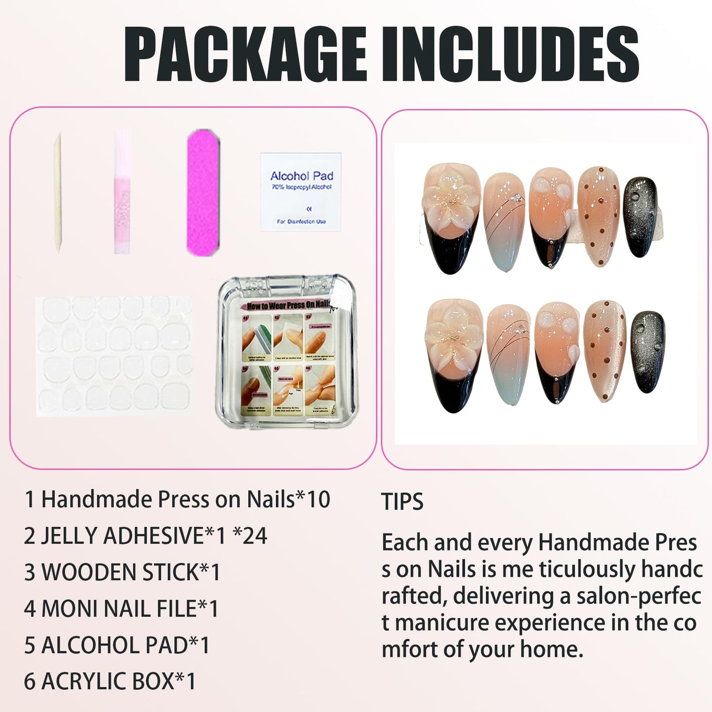 Handmade Press On Nails-3D Almond French Gradient Pink Polka Dot Carved Flower,Wedding Prom And Festival Gift,Thick Acrylic and Muti-Layer Gel Reusable False Nails (S)