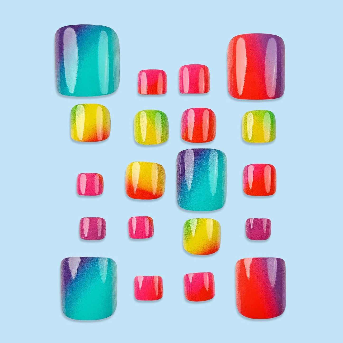 MISUD Press on Toenails - Fake Toe Nails with Colorful, Acrylic Toenail Rainbow Ombre Design 24 pcs