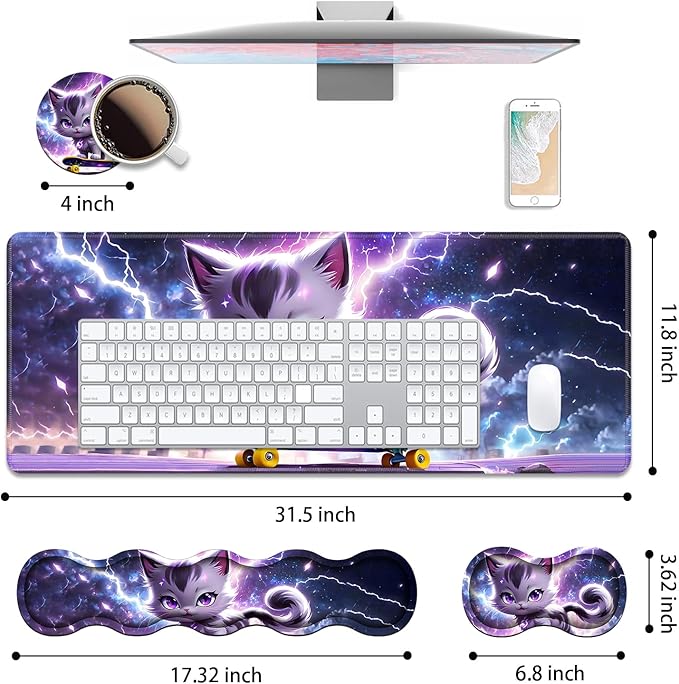 4 in 1 Ergonomic Keyboard Wrist Rest & Mouse Pad Wrist Rest Set, Large XXL Gaming Desk Mat 31.5"x 11.8" with Non-Slip Base, Memory Foam for Home Office Study Gaming, Cute Cat Playing Scooter