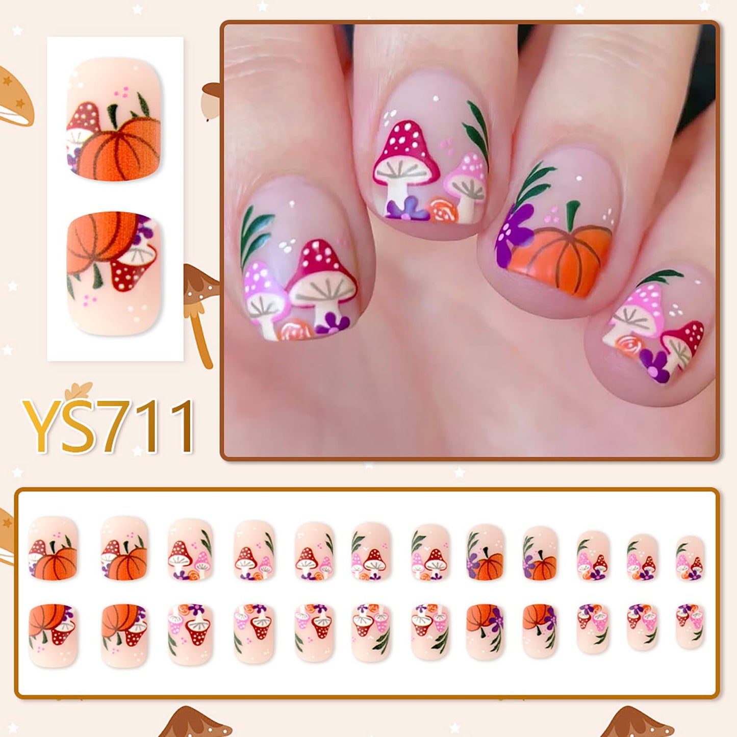 EYZOTSF Thanksgiving Press on Short Square Nails Acrylic Fall False Nails with Maple Leaf Designs Artificial Autumn Leaves Square Fake Nails Holiday Glue Stick ons Fingernails for Women(YS711)