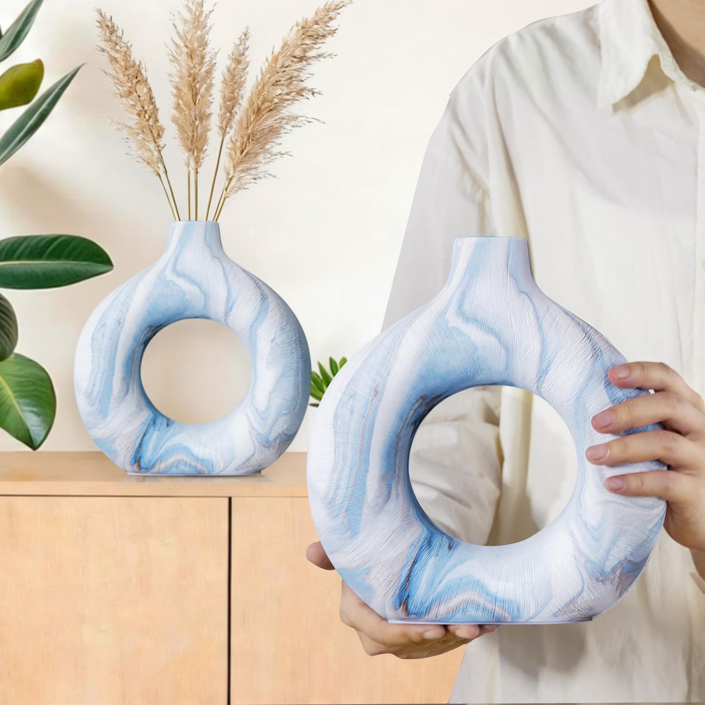 Ceramic Donut Vase Set of 2, Light Blue & White Ring Centerpiece for Pampas Grass, Modern Boho Hugging Snuggle Design, Small Blue Flower Holder for Shelf, Mantel, Wedding Table Decor（8.07"H & 6.3"H）