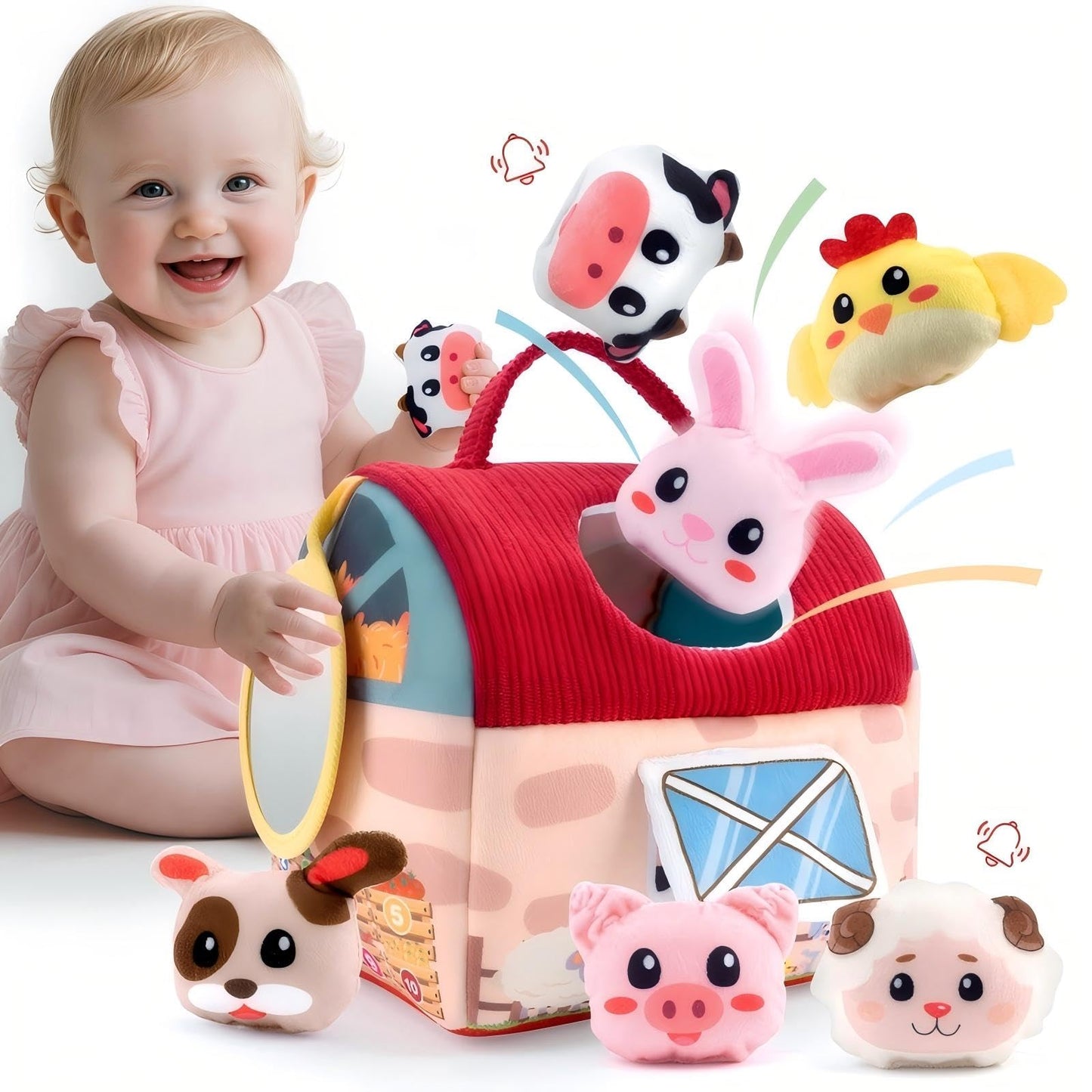 OKREVIEW Easter Baby Toys 6–12 Months, Montessori Sensory Farm Barn with Plush Animals, Rattles, Crinkle Paper & Mirror – First Birthday Gift, Easter Basket Stuffer for Babies