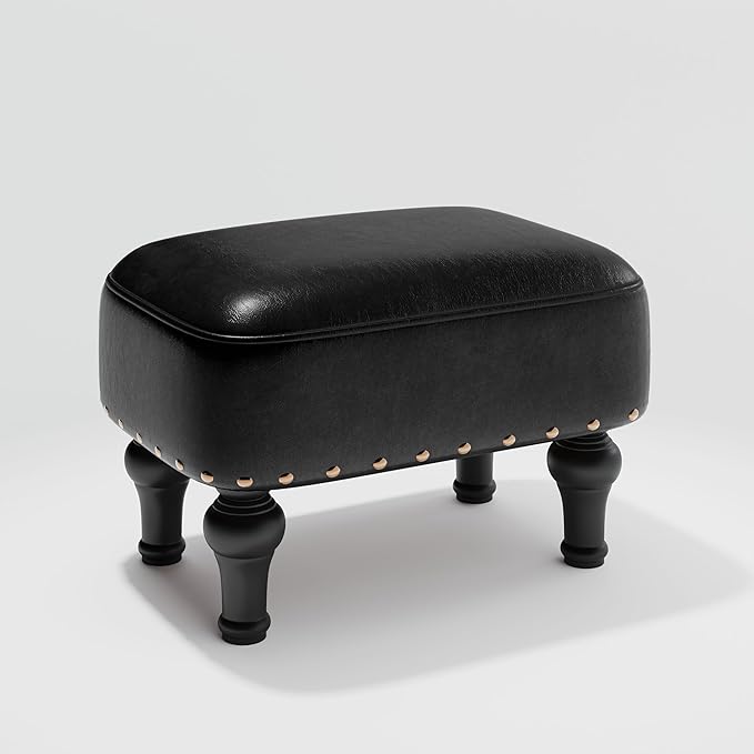 Ottoman Leather Foot Rest with Thicker Foam Padded Seat, Footstool with Wooden Legs (Black)