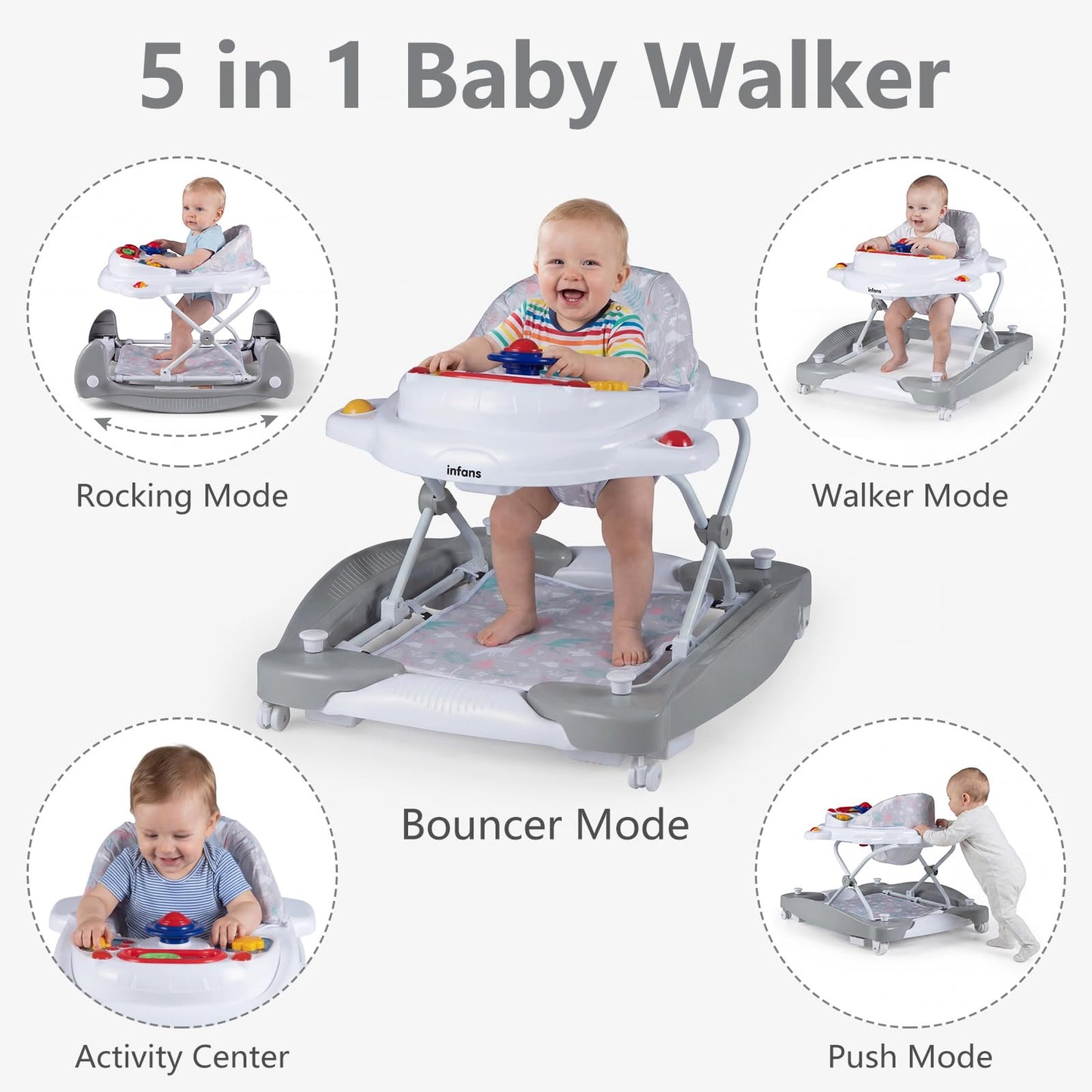 INFANS Baby Walker, 5 in 1 Behind Walker Learning Seated Rocker Bouncer with Removable Music Tray, Adjustable Height, Washable Seat Cushion, Foldable Activity Center for Toddlers (Light Gray)