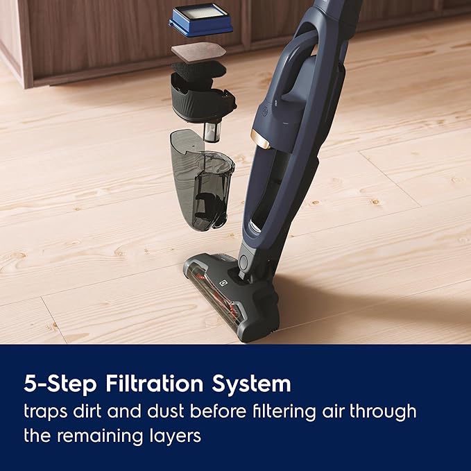 Electrolux WellQ7 Cordless 2-in-1 Vacuum with High Suction Power and 5-Step Filtration System, 50-Minute Run Time, 2 Power Modes, Denim Blue