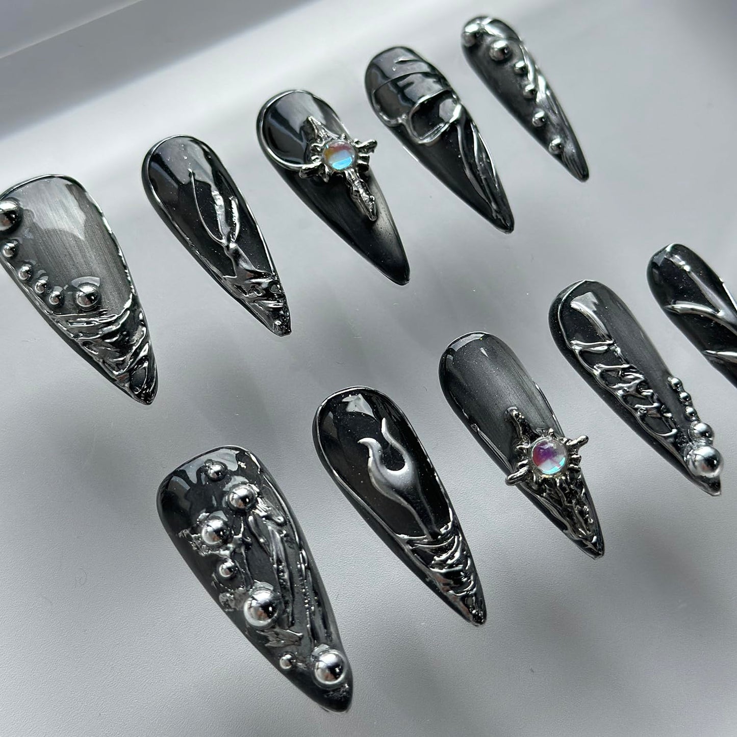 Luxury Press on Nails Long Almond Handmade 3D Unique Reusable ABS Material Fake French Tip Gothic False Nails with Designs Silver Curve Line Black&Gray Glue on Nails Thick Acrylic Nails(M)