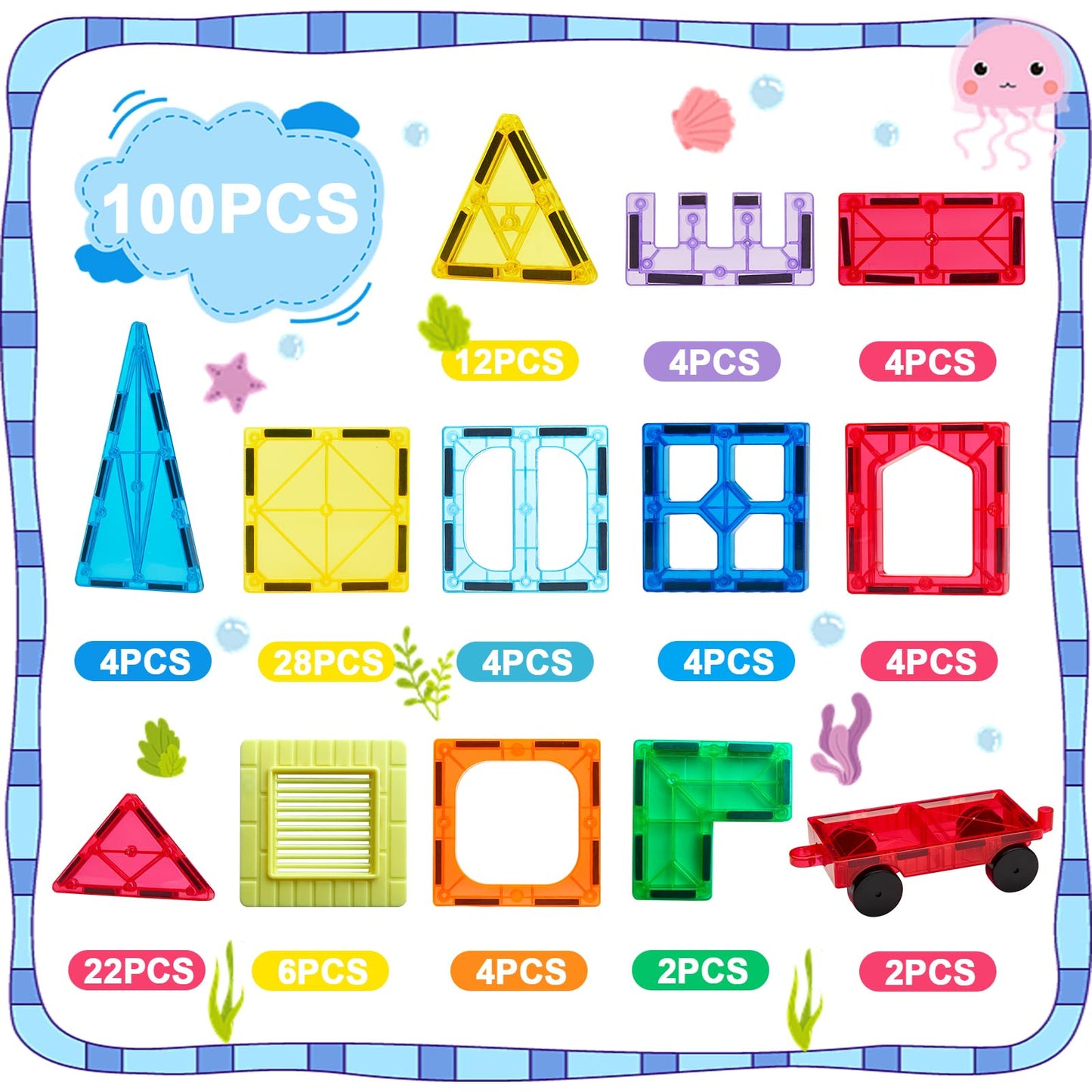 Anbalulu Magnetic Tiles 100PCS with 2 Cars, STEM Educational Building Blocks for Kids Ages 3-9, Magnet Construction Toys Gift for Toddlers