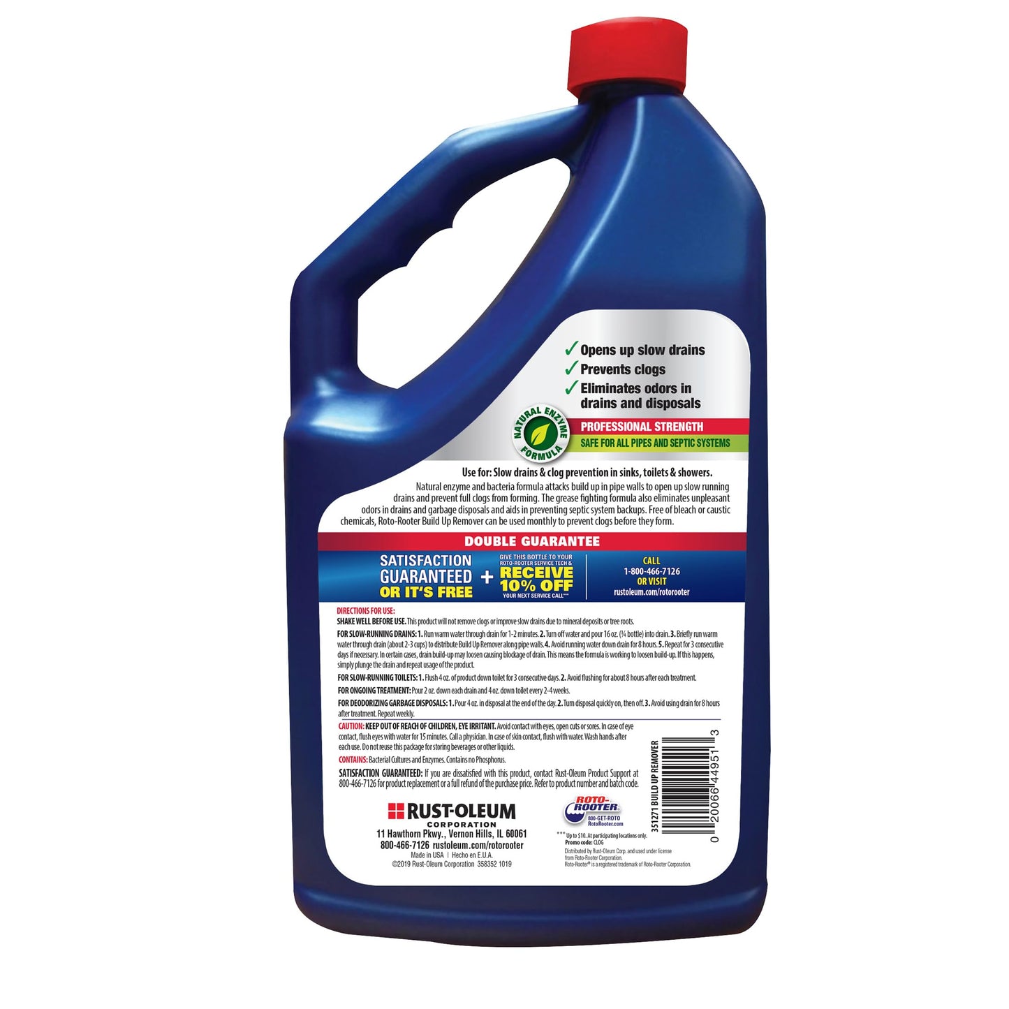 Roto-Rooter Build-Up Remover Drain Cleaner, Enzyme-Based Formula Helps Prevent Clogs and Grease Buildup, Removes Odor, Safe for Septic Systems, Pipes, Toilets, Drains and Sinks, 64 oz