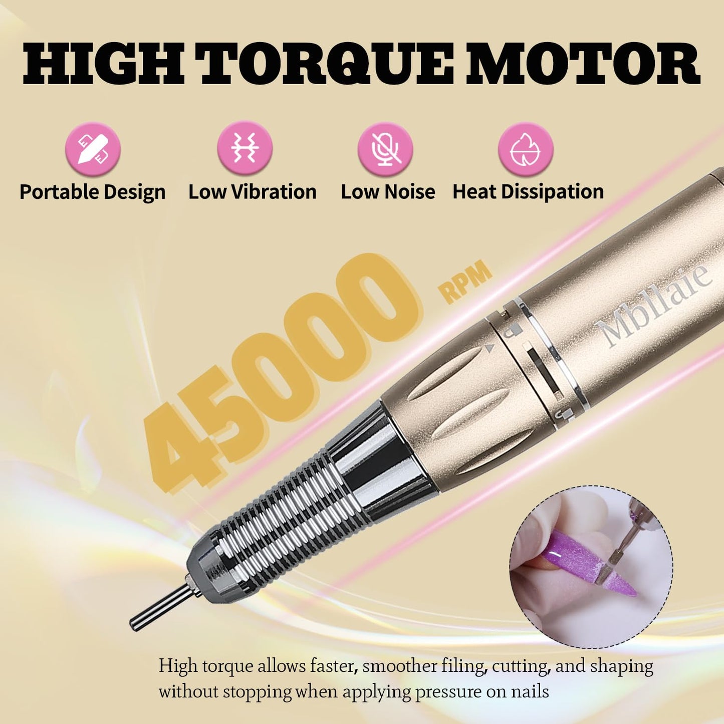Professional Nail Drill File 45000RPM Electric Portable Kit with Rechargeable 8 uñas Bits Cordless Efile for Gel Acrylic Remover Home Salon Manicure Base Tool (Gold)