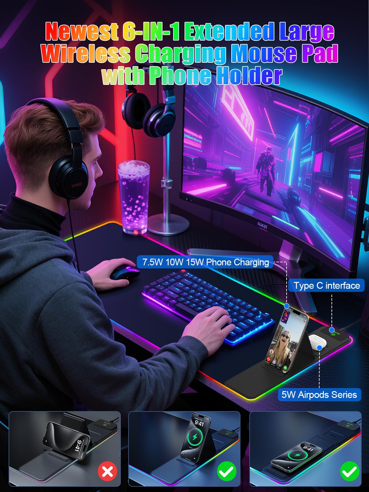 Mouse Pad with Foldable Phone Holder & Wireless Charger, XXL RGB Gaming Mousepad 31.5"x15.8" Large Desk Mat for Keyboard, Black Desk Pad with Dual Qi Charging Station | 11 Colors 5 Modes | Waterproof