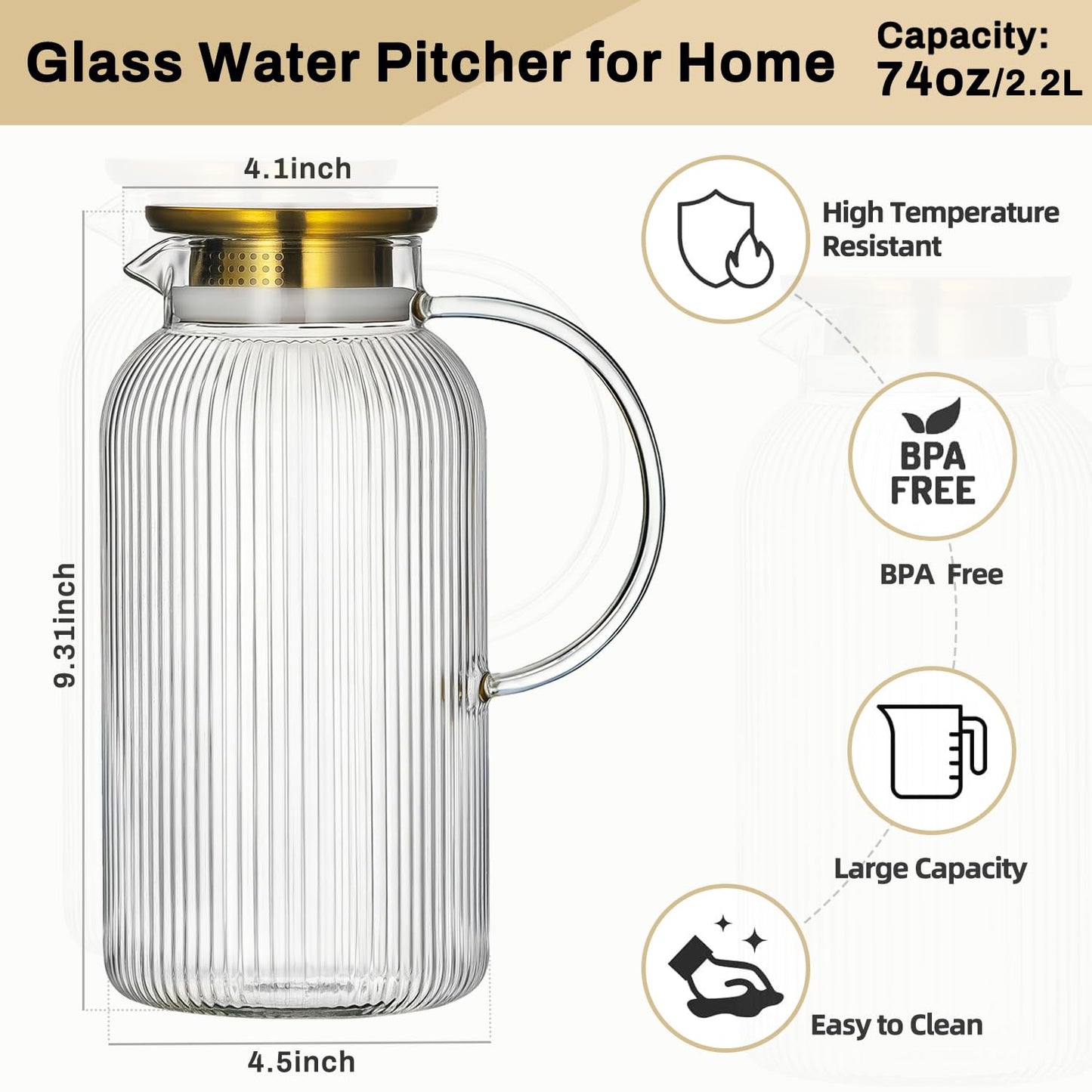 Buaic 2 PACK Glass Pitcher with Lid, 68oz/ 2 Liter Classic Vertical Stripes Water Pitcher with Handle,Glass Water Carafe for Cold Brew, Coffee, Lemonade, Iced Sun Tea,Beverage,Heat Resistant