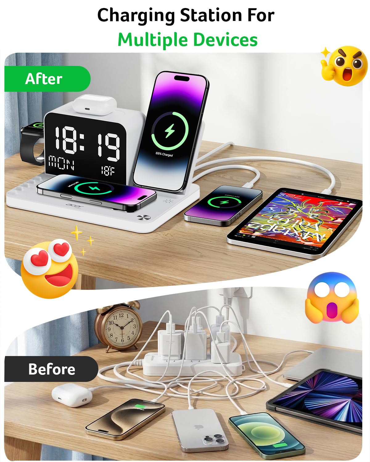Acer 7-in-1 Wireless Charging Station with LED Clock - 30W Fast Wireless Charger for iPhone 16/15/14/13/12/Pro Max, Apple Watch, AirPods - Bluetooth Auto Time Sync & Night Lights (White)