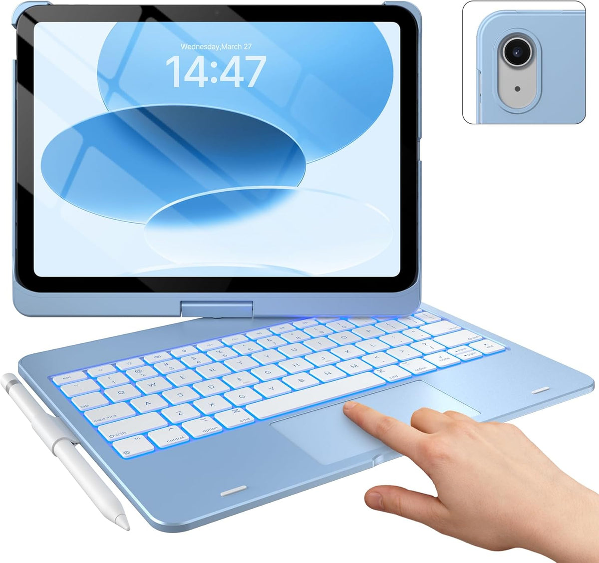 typecase Touch iPad 10th Generation Case with Keyboard (10.9", 2022) and iPad A16 (11th Gen, 2025) – 360° Rotatable, 11-Color Backlit, Multi-Touch Trackpad, Thin & Light (Sky Blue)