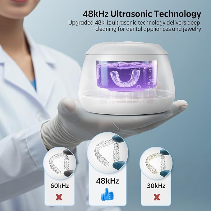 Ultrasonic Retainer Cleaner Machine 48kHz Denture and Aligner Cleaning Pod for Mouth Guards Night Guards Dental Trays Braces Toothbrushes Jewelry with 200ML Capacity (Pink)