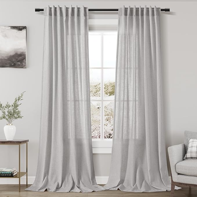 Nanspring Grey Linen Curtains 120 Inch Extra Long for Living Room Back Tab Light Filtering Semi Sheer Drapes Modern Farmhouse Coastal Decor Cotton Textured Curtain for Floor to Ceiling Window 10 FT