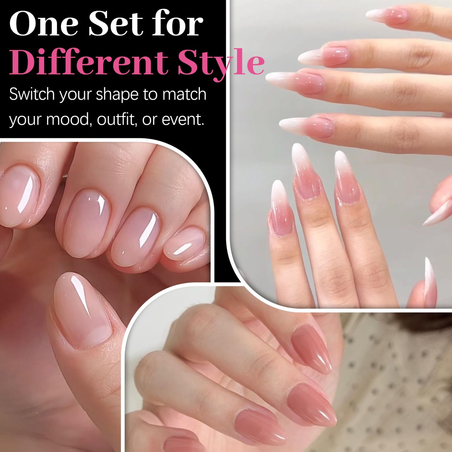 QIEK 450PCS Extra Short & Short & Medium Almond - 3 Styles Nail Tips, 70-Grit Pre-Etched Press On Nail in 15 Sizes, Fake Nail Extension Kit for Acrylic Gel Nail Art DIY Salon