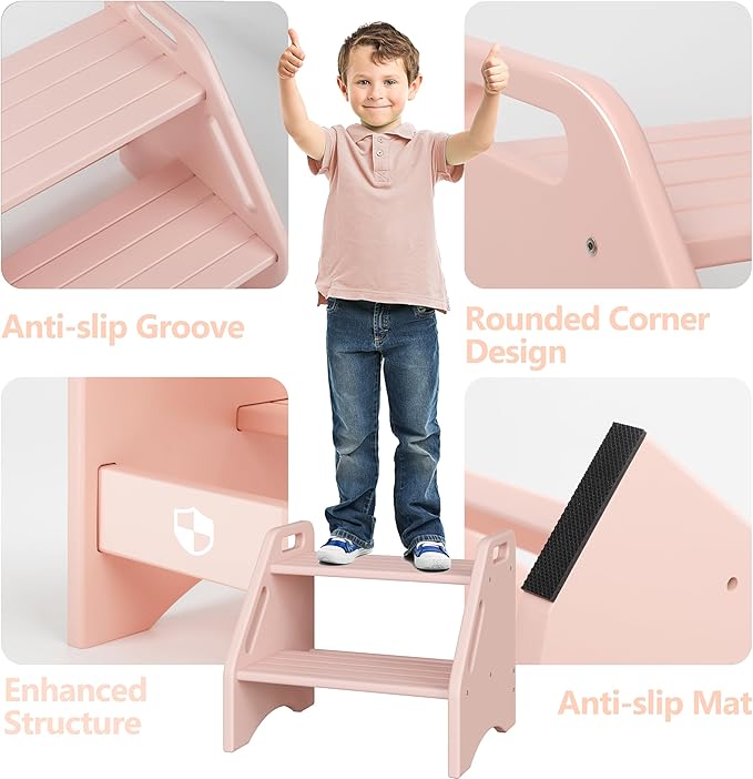 AMBIRD Wooden Step Stool, Two Step Stools Toddler 300 lbs Capacity with Safety Non-Slip Pads and Handles, Bamboo Step Stool for Bathroom, Kitchen Dual Height Step Stools for Kids (Pink)