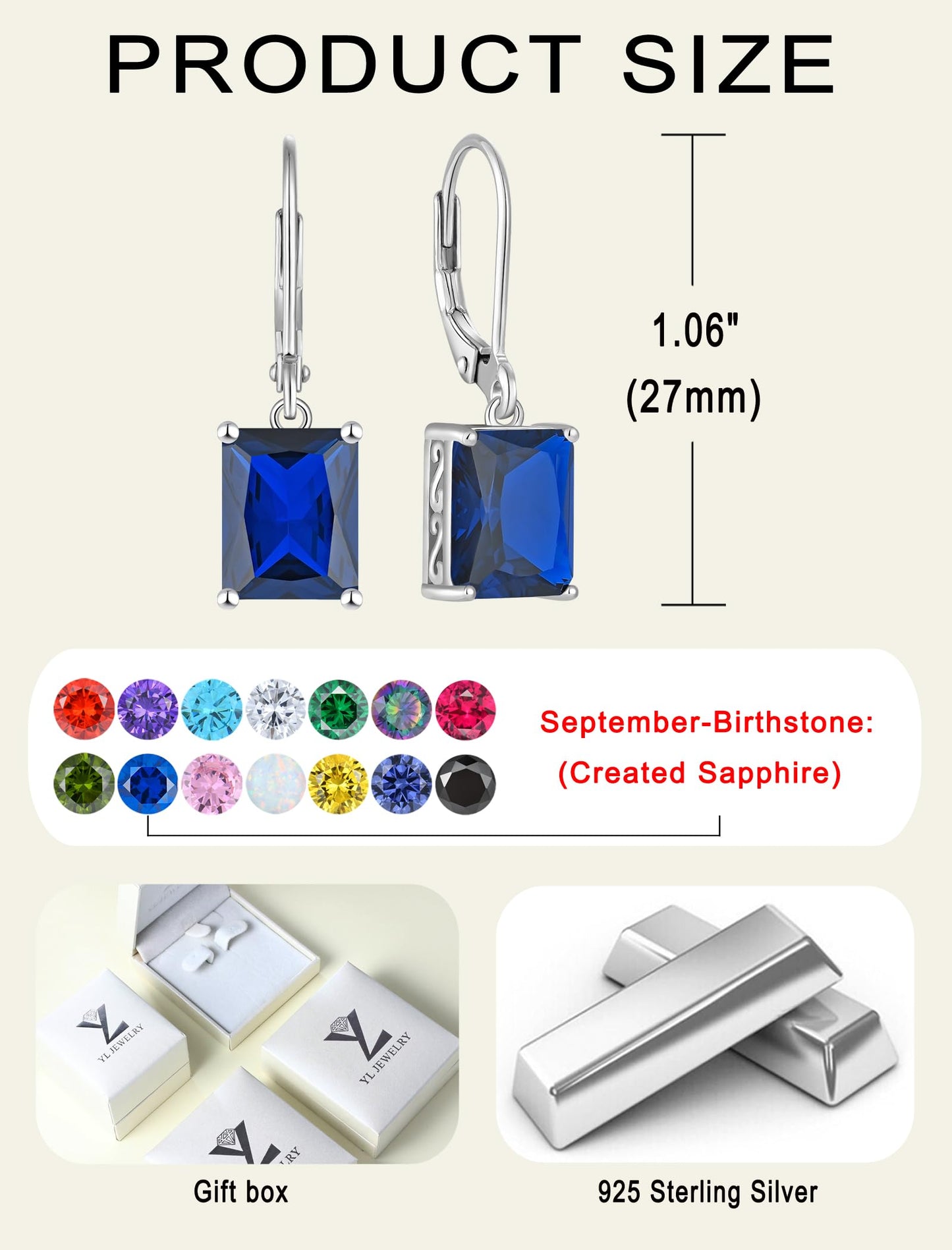 YL Solitaire Dangle Drop Earrings 925 Sterling Silver Leverback Earrings 8X10MM Square Created Sapphire Jewelry