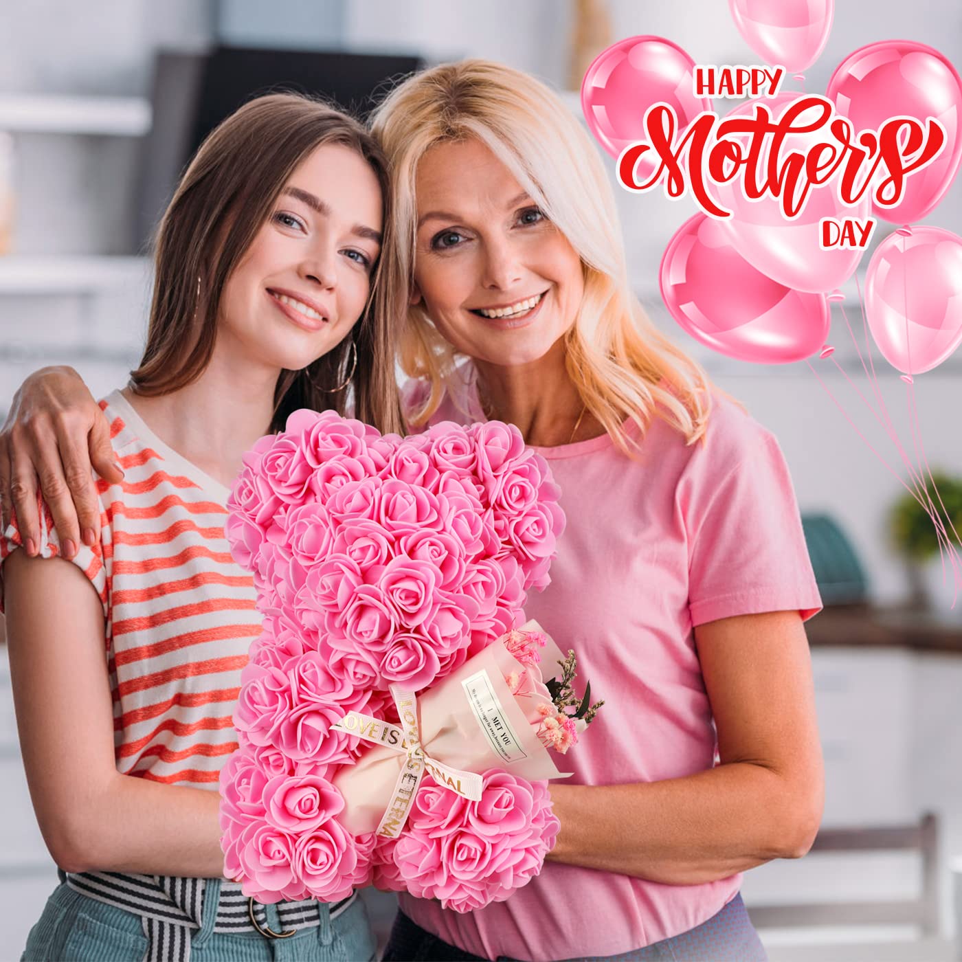 K KYMAKE Mothers Day Rose Gifts for Mom Rose Bear Pink Teddy Bear Birthday Gifts for Women Wife Daughter Girlfriend,Flower Bear with Rose Bouquet and I Love You Necklace