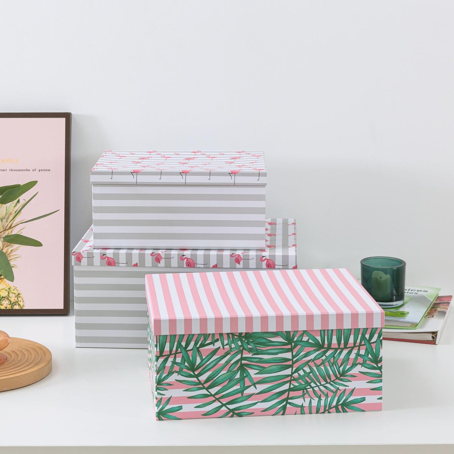 SLPR Decorative Cardboard Storage Boxes With Lids For Home Décor, Set of 3 Pink Flamingo Paperboard Nesting Gift Boxes, Palm Leaves Large Picture and Photo Storage for Keepsakes