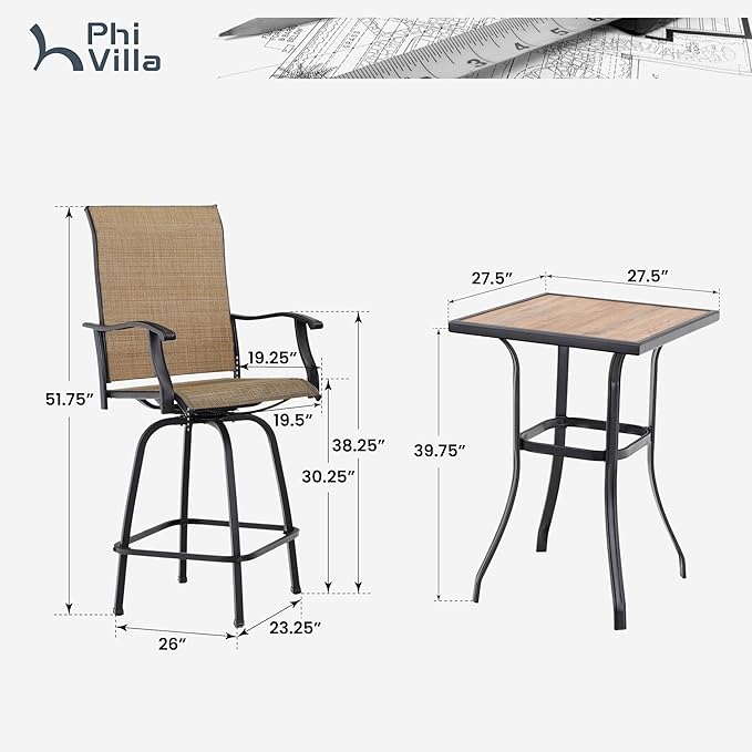 PHI VILLA Outdoor Patio Bar Set of 6, Patio Bar Table and Chair Set with Textilene Outdoor Swivel Bar Stools and Wood Like Bar Table, All-Weather Patio Bar Furniture Set for Garden, Brown