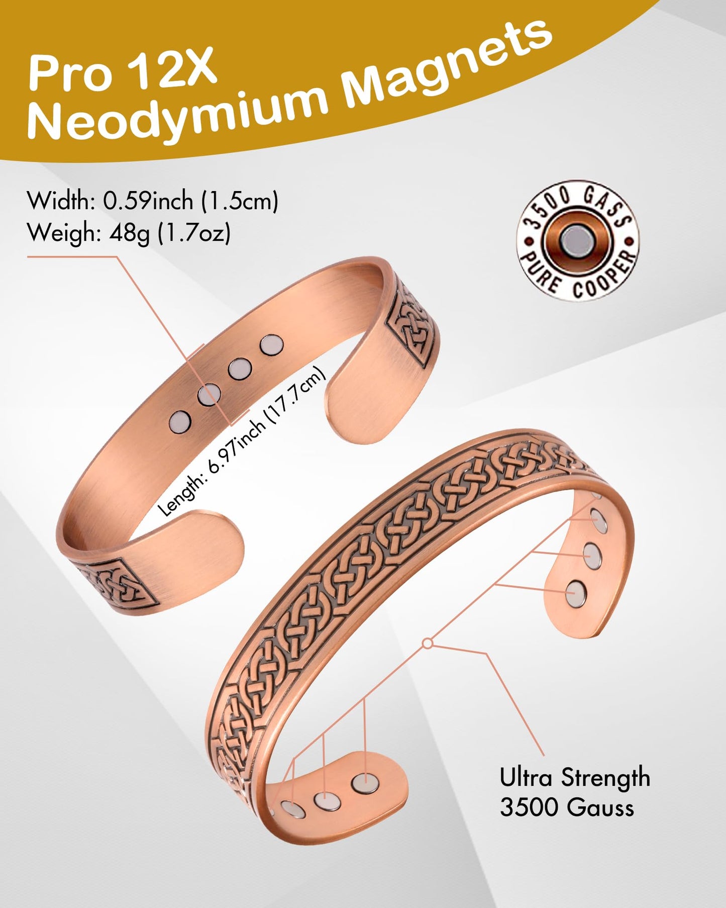 Feraco 12X Strength Wide Copper Bracelet for Men Magnetic Bracelets for Men with Neodymium Magnets, Pure Copper Jewelry Cuff Bangle, Adjustable with Giftable Box (Chain)