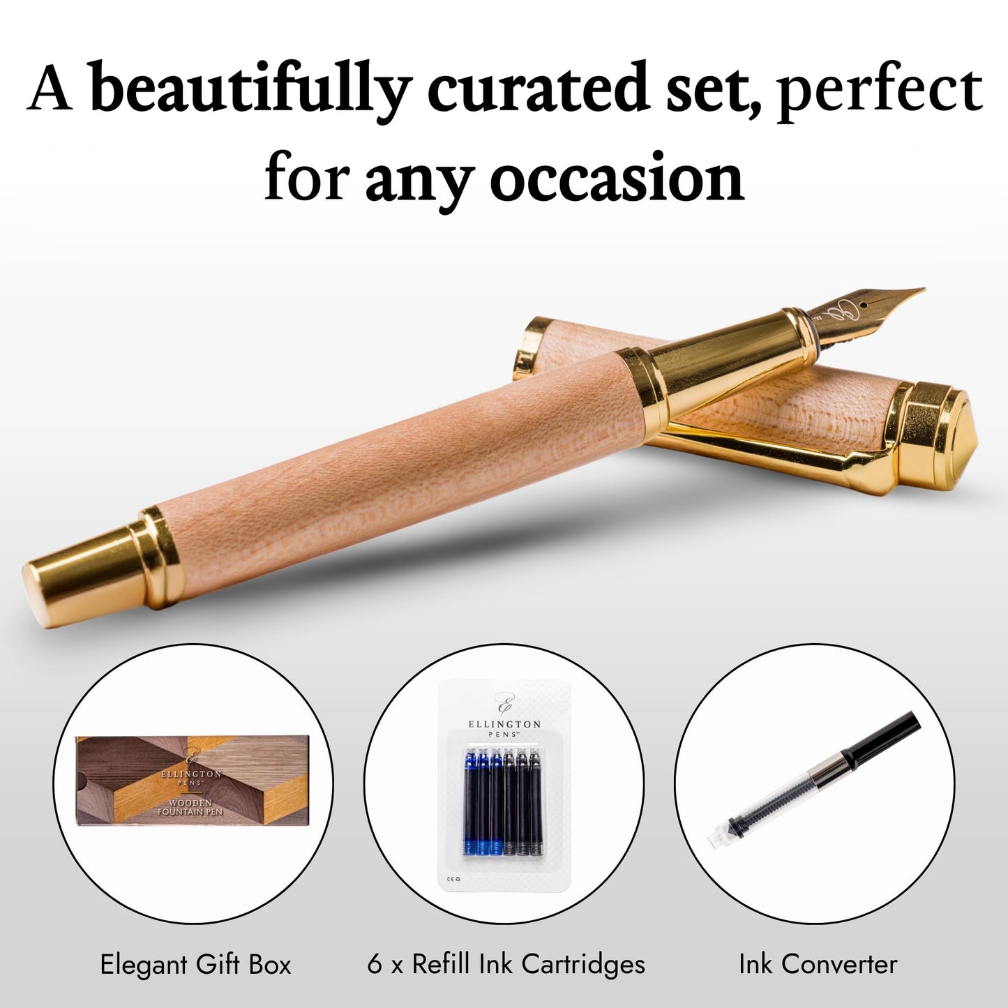 Ellington Pens Luxury Wood Fountain Pen Set – Fine Nib - Includes Wooden Pen Gift Box, Ink Converter, 6 Ink Cartridges – Wood Pen For Writing, Calligraphy, Journaling, Drawing (Maple Harmony)