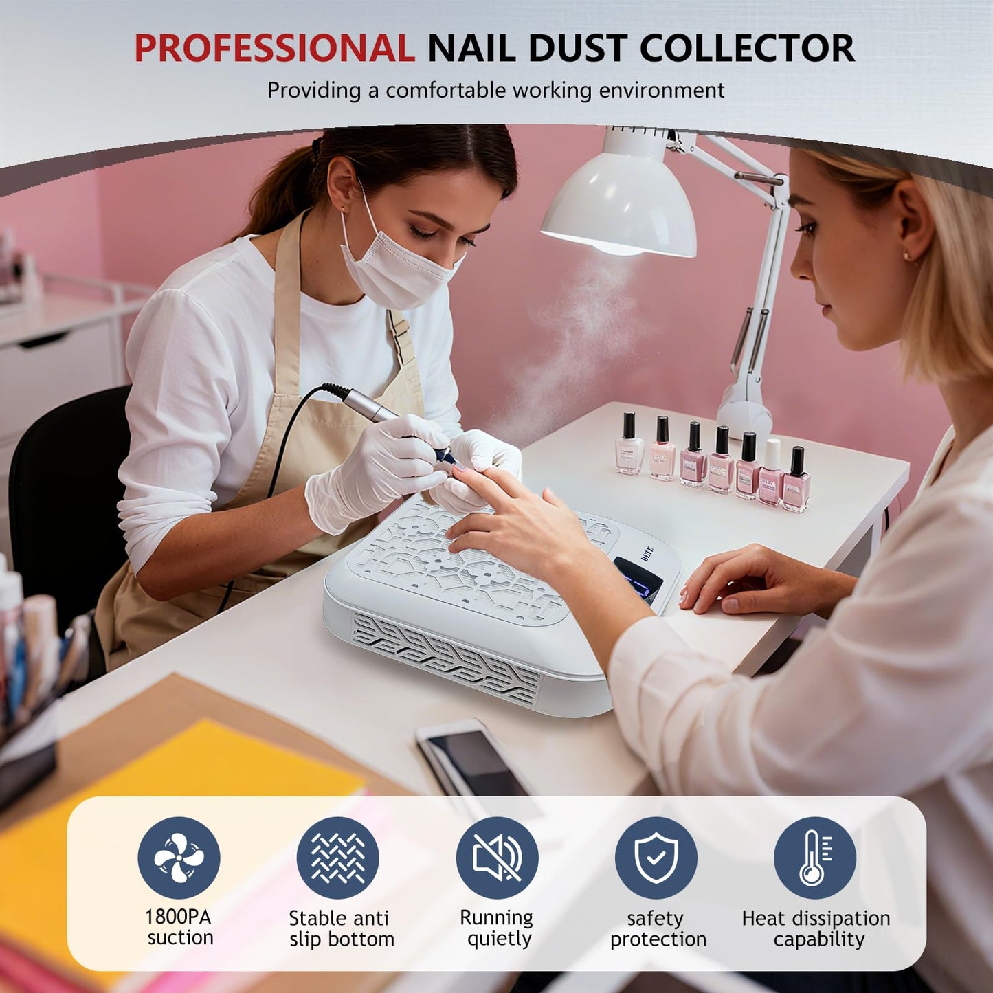 BETE Cordless Nail Dust Collector, 1800PA Powerful & Quiet Suction for Acrylic Nails Polishing, Rechargeable 6600mAh Battery with LED Display & Adjustable Speed, Perfect for Salon and Home Use, White