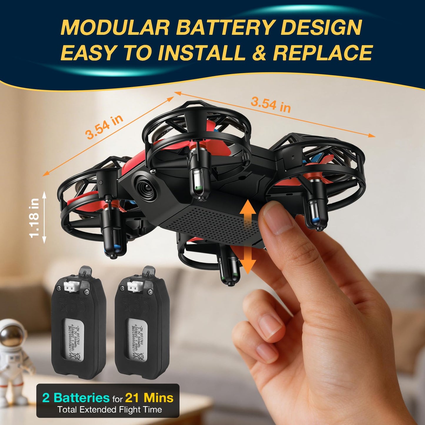 Red Mini Drone for Kids & Beginners, Indoor & Outdoor RC Quadcopter, Full Propeller Guards, LED Light, 3D Flips, One Key Start, Headless Mode, 2 Rechargeable Batteries, 21 Mins Total Flight Time, Toy Gift for Boys and Girls