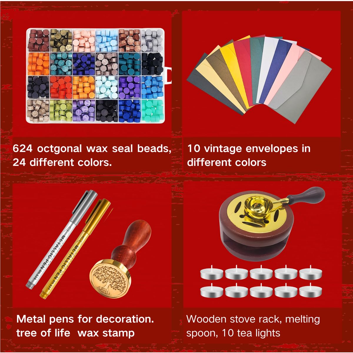 xxxHOLIC Wax Seal Kit with Copper Stamp – 624 Beads in 24 Colors, Smokeless & Crack-Resistant Wax Seal Set with Melting Station & Gilding Pens for Wedding Invitations & Gift Wrapping