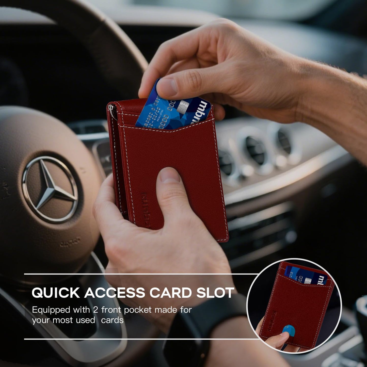 RUNBOX Slim Money Clip Wallets for Men RFID Blocking 8 Card Holder Minimalist Small Thin Carbon Leather Bifold Mens Front Pocket Wallet Gift Box(Vermilion)