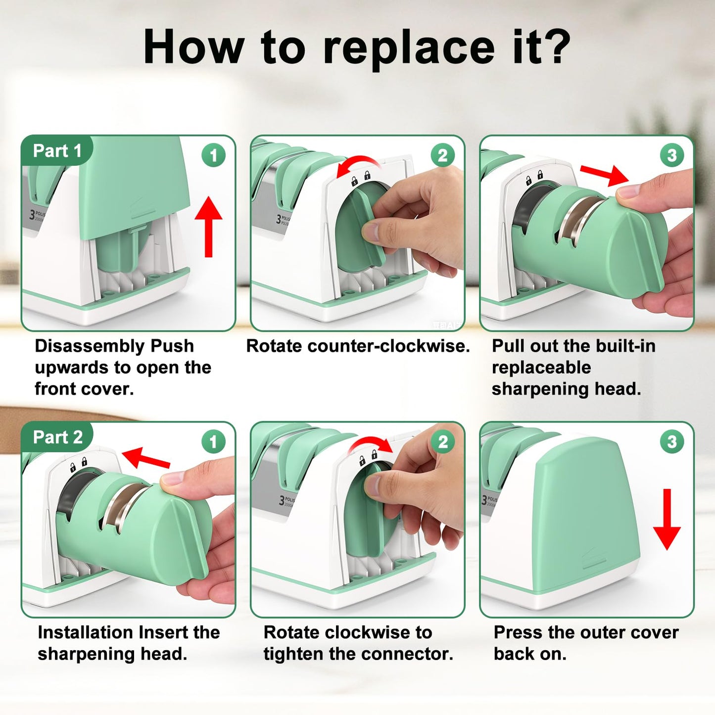 Electric Knife Sharpener with Replaceable Sharpening Head Easy to Change, 3-Stage & 15° Precision Angle Diamond Sharpening System for Metal Knives, Ceramic knives, Exquisite Gifts and Packaging