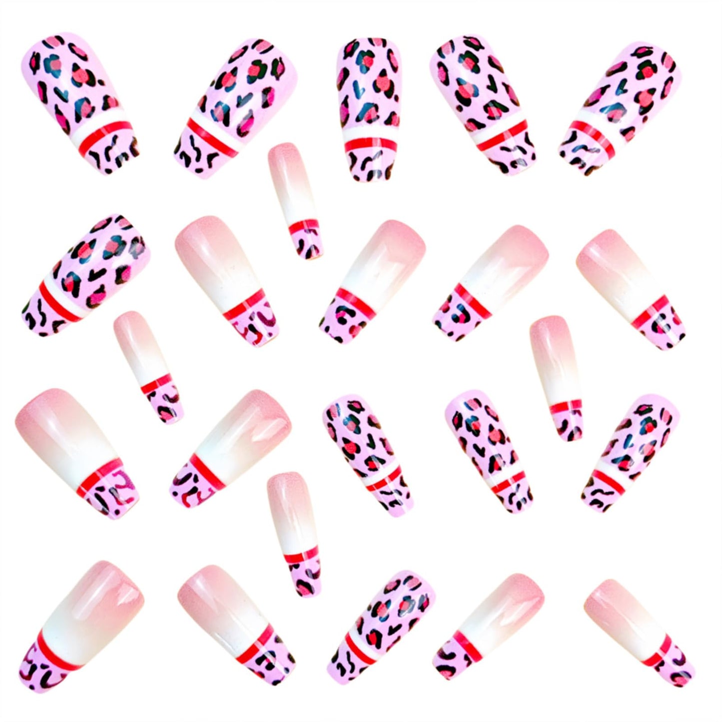 SINHOT Coffin Press on Nails - Long Fake Nails, Glossy Finish, Pink Leopard Print & French Tip, DIY Artificial False Nail Art - 24 Pcs Nail Kit with Glue