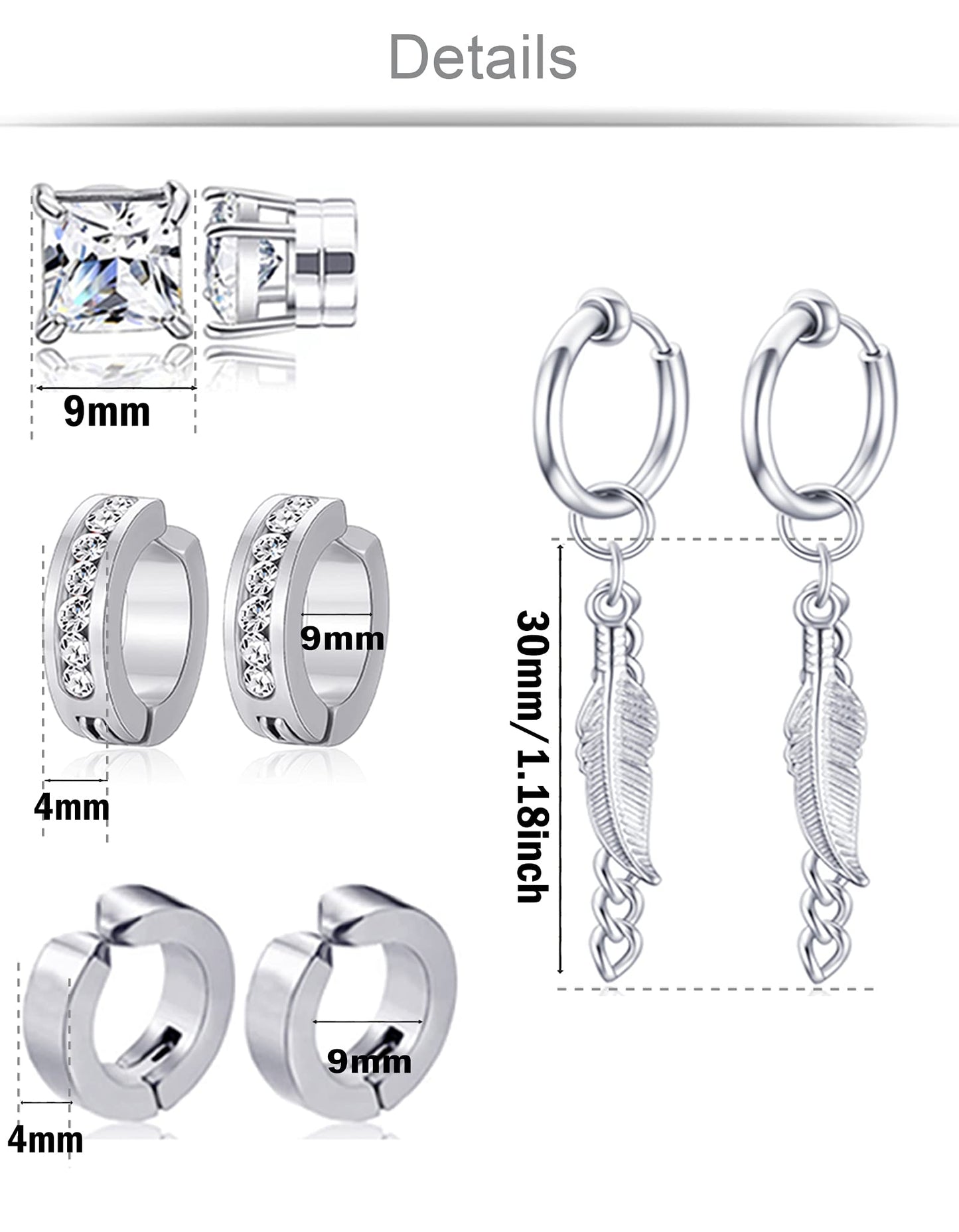 Ofeiyaa 12 Pairs Magnetic Stud Earrings Stainless Steel CZ Hoop Punk Feather Dangle Hinged Non-Piercing Earrings Clip on Magnet Earring Set for Women Men Silver Plated
