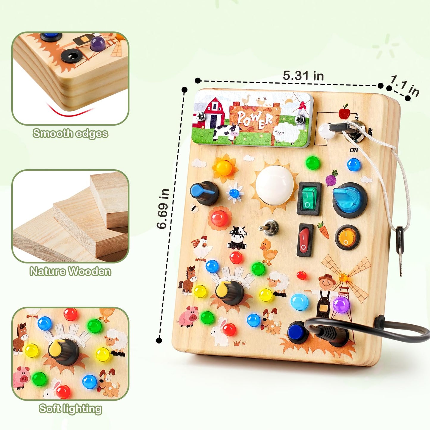 LED Busy Board for Toddlers 1-3,Montessori Toy with Key Switch, Light Up Wood Activity Sensory Board for Fine Motor Skills, Educational Travel Toy Gift for 1 2 3 Year Old Boys Girl