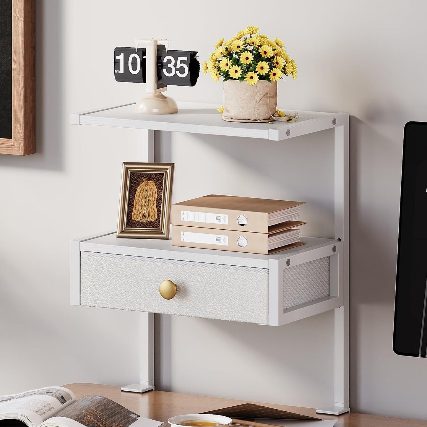 VENNQD Clamp On Desk Shelf, 2-Tier Desktop Organizer, Wood Desktop Supplies Tabletop Book Storage Rack with Adjustable Shelves for Table Working and Gaming Accessories, White
