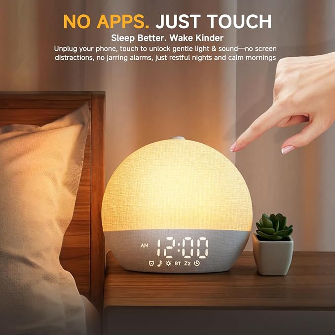 Geuuap Sunrise Alarm Clock White Noise Machine with Bluetooth Speaker,White | 30 Soothing Sounds, 17 Dimmable lights, Simulated Sunrise, Backup Battery Memory, Auto-off Sleep Timer, Screen-Free Design